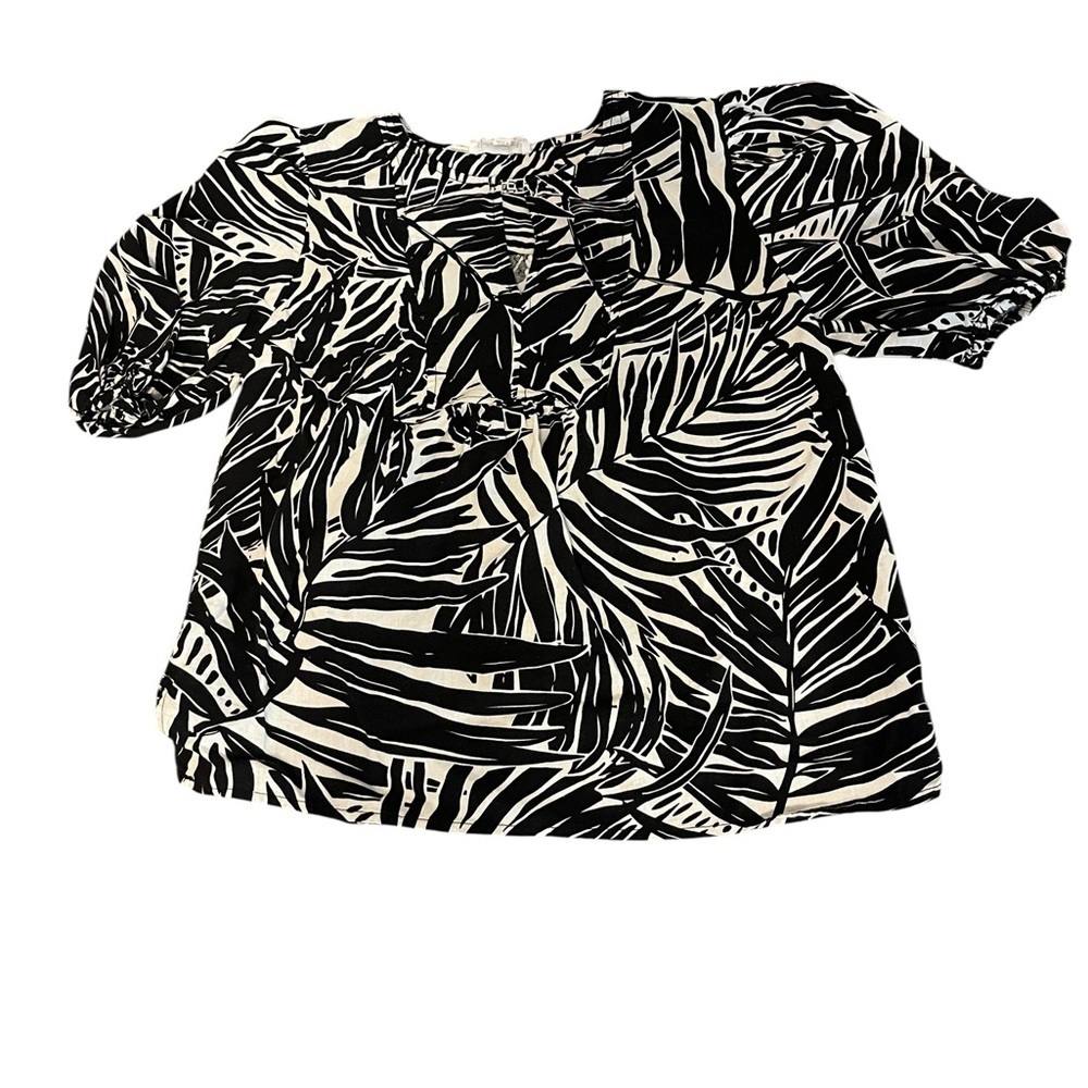 Panama Jack Black & Ivory Linen Tropical Peasant Style Blouse Women's Size XS